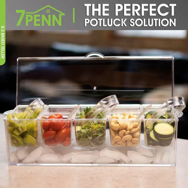 Alt view image 6 of 8 - 7Penn | Condiment Tray with Ice Chamber Lid Tongs Spoons 5 Condiment Containers