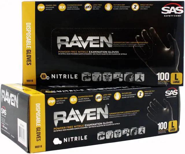 Main image of SAS Safety 66518 Raven Powder-Free Black Nitrile 6 Mil Gloves, Large, 2 Pack