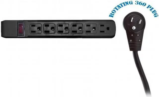 Alt view image 3 of 3 - Surge Protector Power Strip, Flat Rotating Plug, 6 Outlet Horizontal Outlets, Plastic, Power Cord 4 foot - Black