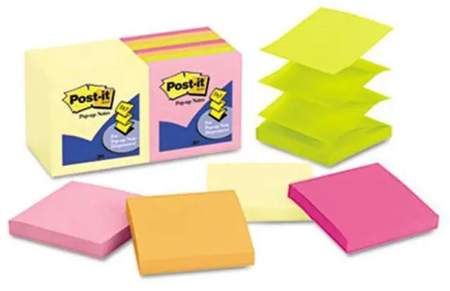 Alt view image 2 of 20 - 3M R33014YWM Pop-Up Note Pad Refills, 3 x 3, 7 Canary Yellow & 7 Asst. Brights 100-Sheet Pads