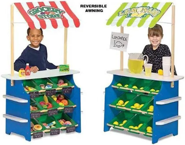 Alt view image 4 of 11 - Melissa & Doug Wooden Grocery Store and Lemonade Stand - Reversible Awning, 9 Bins, Chalkboards