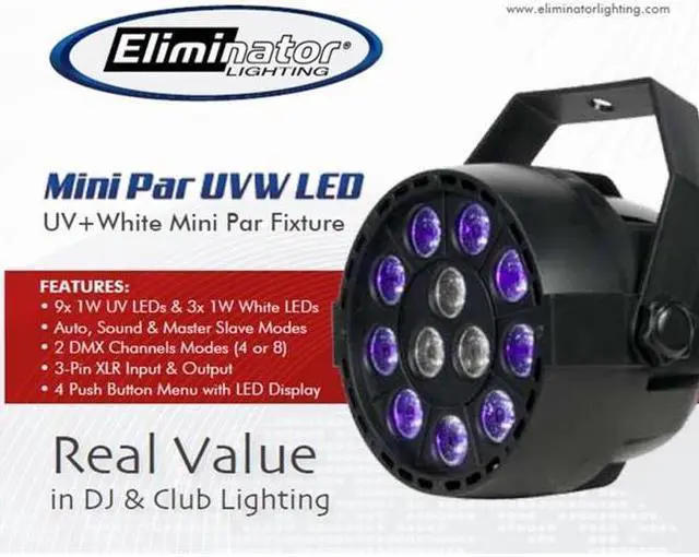 Alt view image 2 of 9 - Eliminator Lighting Mini Par UVW LED Black Light with Strobe Black