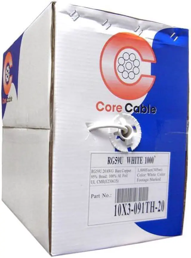 Main image of Bulk RG59/U Coaxial Cable, 20 AWG, Solid Core, Copper, Pullbox, 1000 foot - White