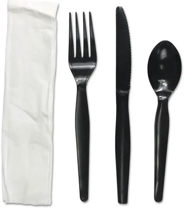 Main image of Boardwalk FKTNHWPSBLA Four-Piece Cutlery Kit, Fork / Knife / Napkin / Teaspoon, Heavyweight, Black, 250 / Carton