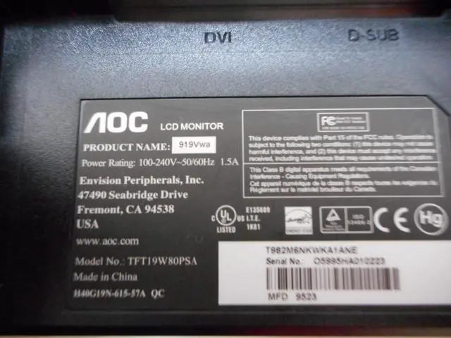 Alt view image 7 of 7 - AOC 919Vwa 19" LCD Monitor - 16:10 - 5 ms