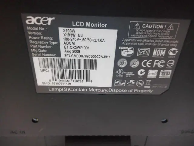Alt view image 5 of 5 - Refurbished ACER X193W 1440 x 900 Resolution 19" WideScreen LCD Flat Panel Computer Monitor Display