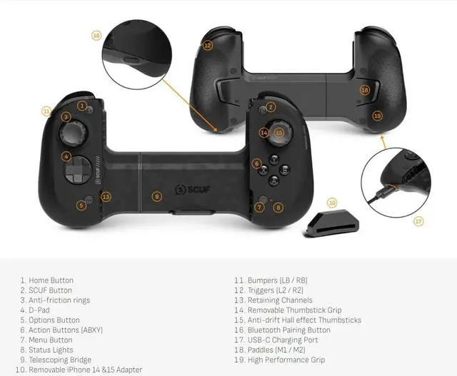 Alt view image 4 of 4 - SCUF NOMAD BLACK Mobile Gaming Controller for iPhone and compatible with iOS 16+ Customizable Rear Paddles, Anti-drift Thumbsticks, Performance Grip, Ergonomic Design, Model 603-178-01-001-NA