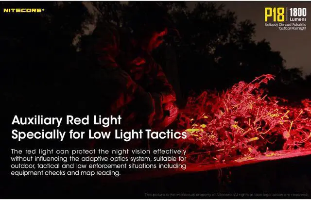 Alt view image 3 of 6 - Nitecore P18 1800 Lumen Compact Flashlight with Silent Tactical Switch and Auxiliary Red LED