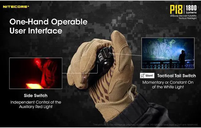 Alt view image 4 of 6 - Nitecore P18 1800 Lumen Compact Flashlight with Silent Tactical Switch and Auxiliary Red LED
