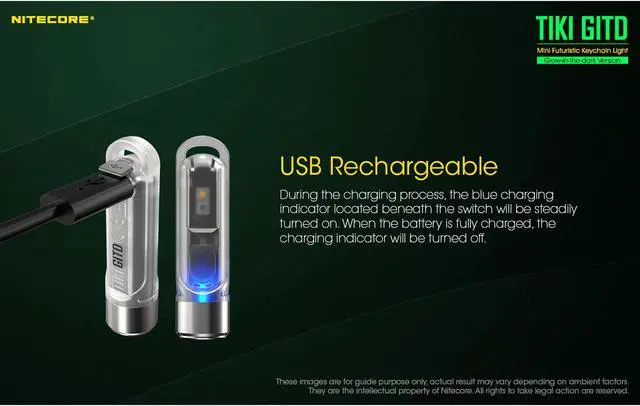 Alt view image 6 of 7 - Nitecore TIKI GITD 300 Lumen Rechargeable Keychain Flashlight