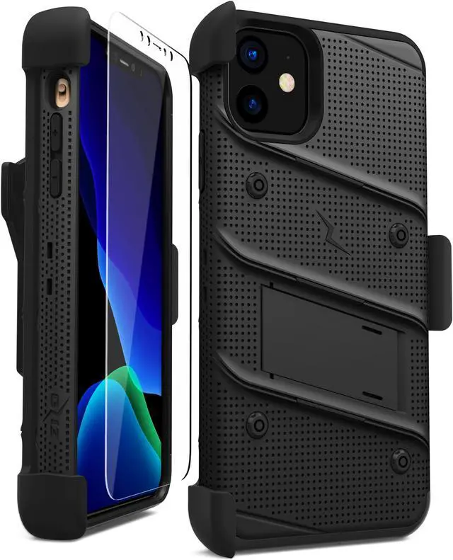Alt view image 6 of 15 - ZIZO BOLT Series iPhone 11 Case - Heavy-duty Military-grade Drop Protection w/ Kickstand Included Belt Clip Holster Tempered Glass Lanyard - Black
