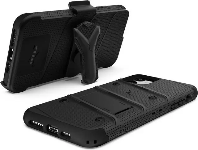 Alt view image 5 of 15 - ZIZO BOLT Series iPhone 11 Case - Heavy-duty Military-grade Drop Protection w/ Kickstand Included Belt Clip Holster Tempered Glass Lanyard - Black