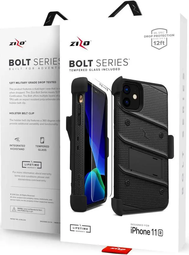 Alt view image 7 of 15 - ZIZO BOLT Series iPhone 11 Case - Heavy-duty Military-grade Drop Protection w/ Kickstand Included Belt Clip Holster Tempered Glass Lanyard - Black