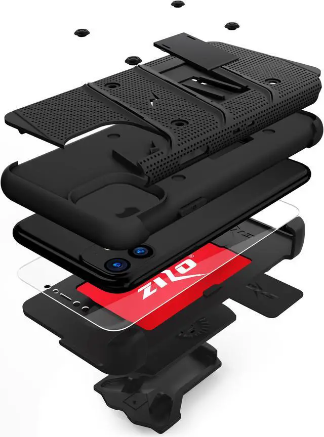Alt view image 3 of 15 - ZIZO BOLT Series iPhone 11 Case - Heavy-duty Military-grade Drop Protection w/ Kickstand Included Belt Clip Holster Tempered Glass Lanyard - Black