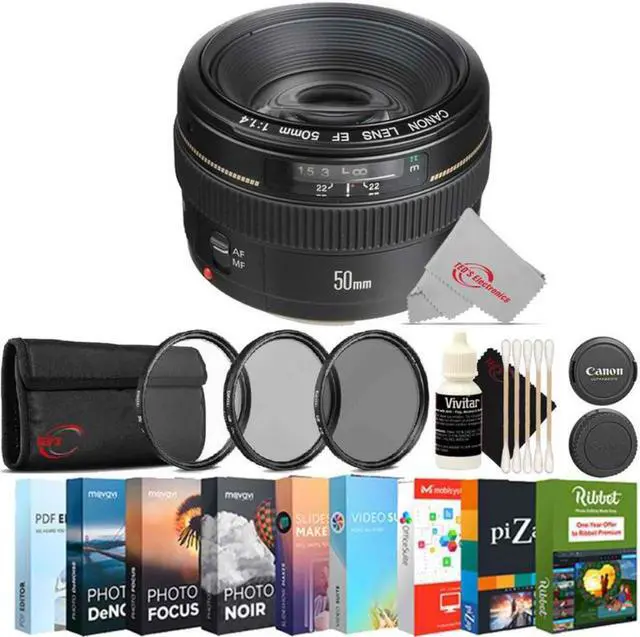 Main image of Canon EF 50mm f/1.4 USM Lens + 58mm UV CPL ND Filter Kit + Photo & Video Software Bundle + 3pc Cleaning Kit