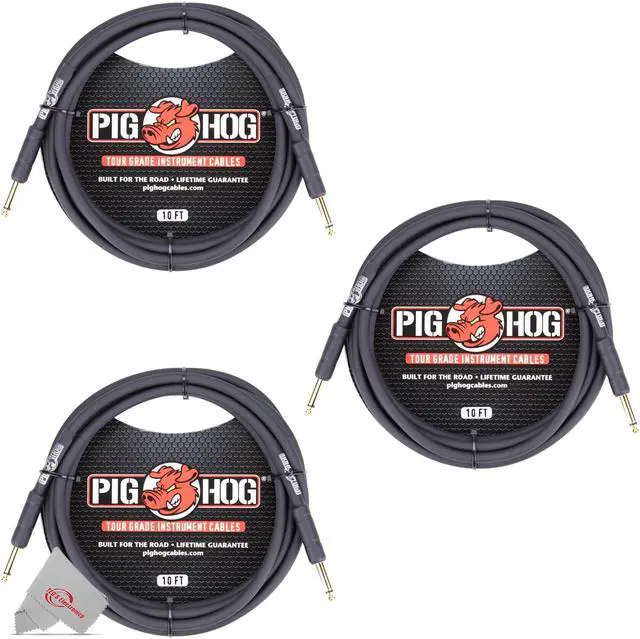 Main image of Pig Hog Tour Grade 10ft Instrument Cable 1/4 Inch to 1/4 Inch Straight Connectors Black - PH10 - 3 Units