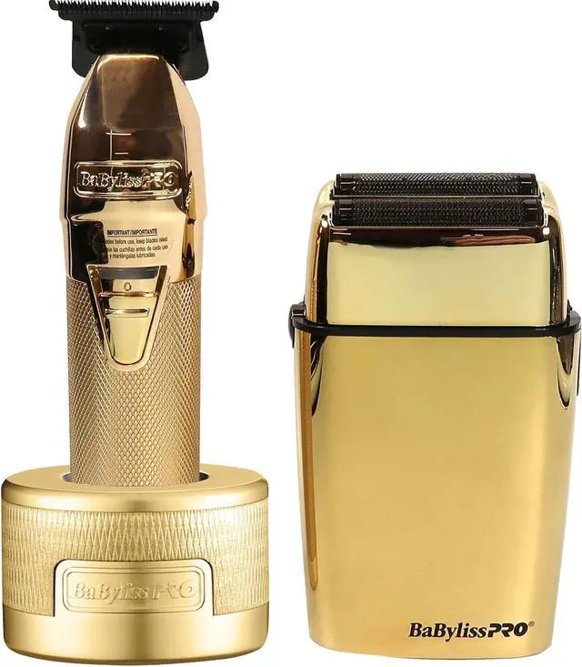Main image of BaByliss Pro GOLDFX Collection Metal Lithium Outlining Trimmer & Double Foil Shaver #FXHOLPK2GN with Babyliss Pro Gold FX Trimmer Charging Base fits FX787 Trimmers
