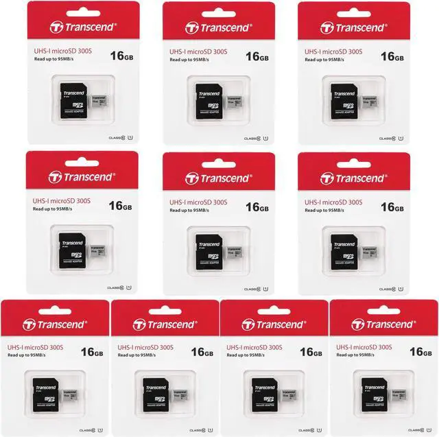 Main image of 10 Unit Transcend 16GB 300s 95MB/s Class 10 Micro SDHC Memory Card with SD Adapter