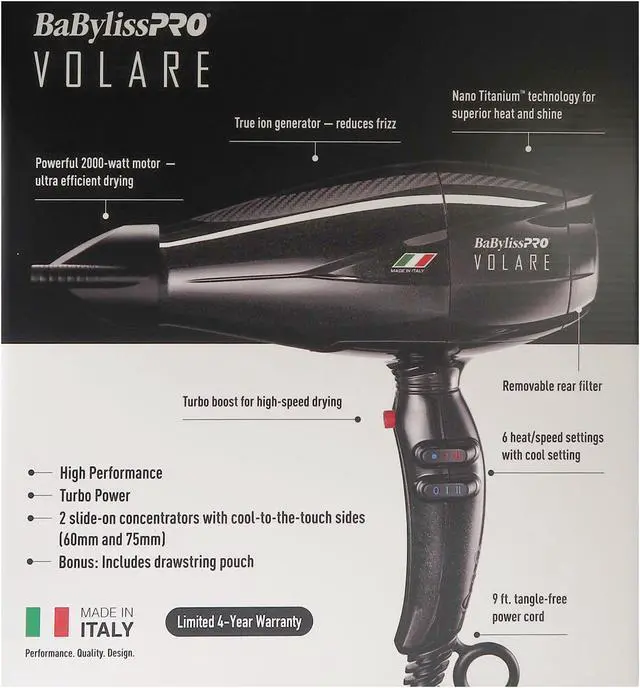 Alt view image 4 of 6 - BaByliss Pro Volare Nano Titanium Professional Quality Italian Performance Hair Dryer 2000-Watt Blow Dryer (Black) #BVOL1