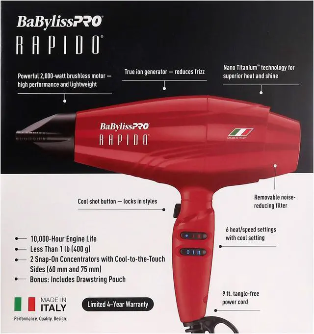 Alt view image 5 of 7 - BaByliss Pro Rapido Nano Titanium Hair Dryer Red #BRRAP1 with Snap-On Diffuser and Fade Soft Knuckle Neck Brush