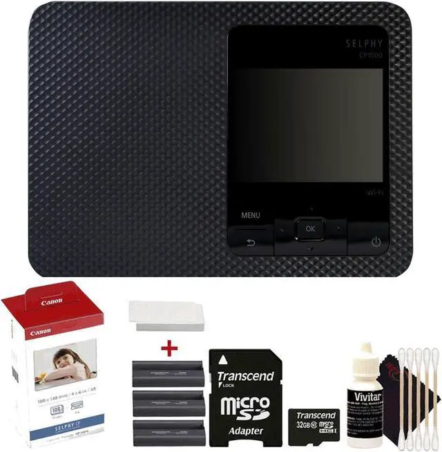 Main image of Canon SELPHY CP1500 Compact Photo Printer (Black) with KP-108IN Selphy Color Ink 4x6 Paper Set Accessory Kit