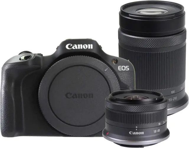 Main image of Canon EOS R100 Mirrorless Camera Black with Canon RF-S 18-45mm and Canon RF-S 55-210mm IS STM Lens