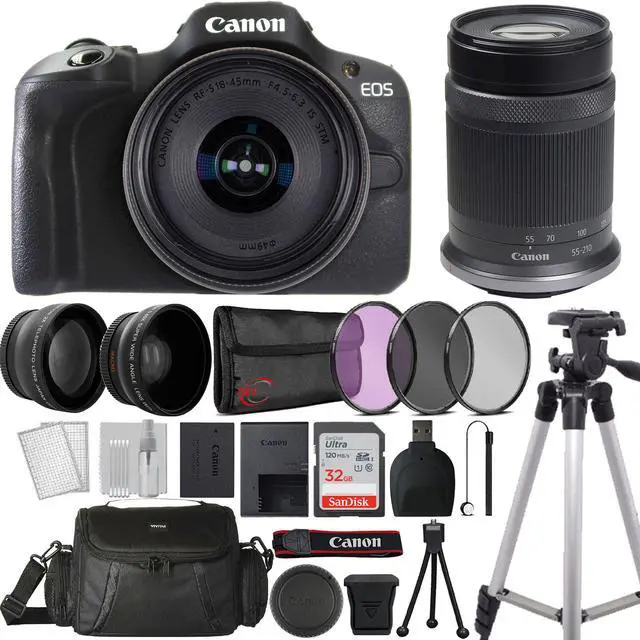 Main image of Canon EOS R100 Mirrorless Camera Black with RF-S 18-45mm IS STM Lens and RF-S 55-210mm IS STM Lens Accessory Bundle