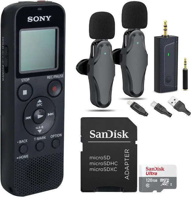 Main image of Sony ICD-PX370 Digital Voice Recorder with Vidpro 2-Person Wireless Lavalier Microphone Set and SanDisk 128GB Ultra UHS-I microSDHC Card w/ SD Adapter