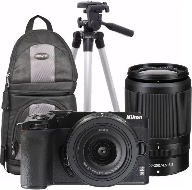 Main image of Nikon Z30 Mirrorless Camera with 16-50mm and 50-250mm Lenses (Black) + DSLR Sling Backpack + Professional Tripod