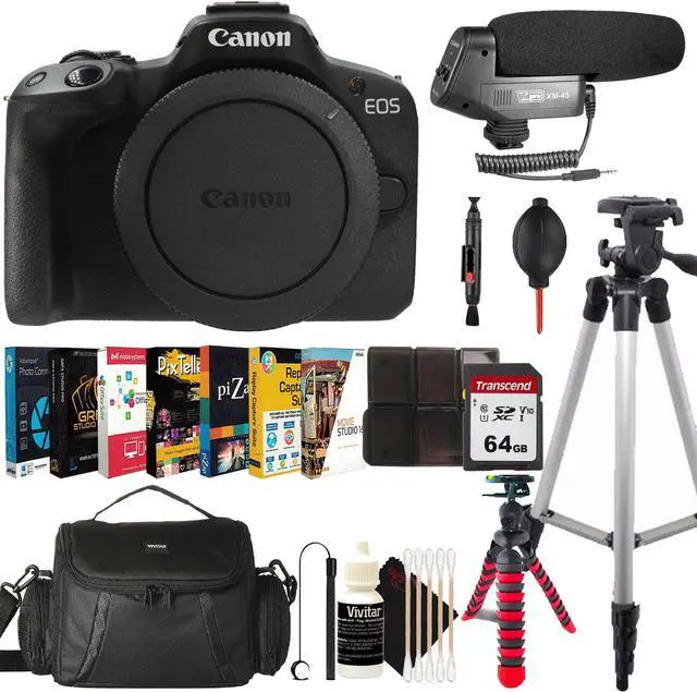 Main image of Canon EOS R50 Mirrorless Camera Body (Black) + Microphone Tripod Accessory Bundle