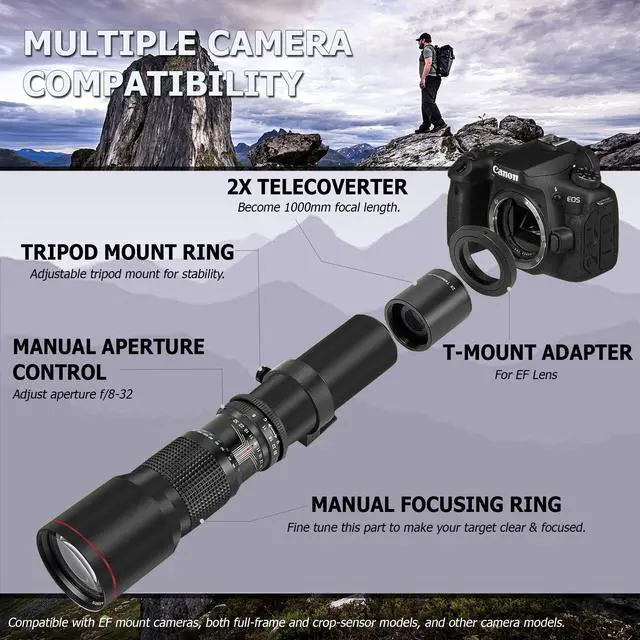 Alt view image 7 of 7 - Bower 500mm/1000mm f/8 Manual Super Telephoto Lens for Canon EOS Rebel T7 T8i 5D IV 6D II 90D T100 SL3