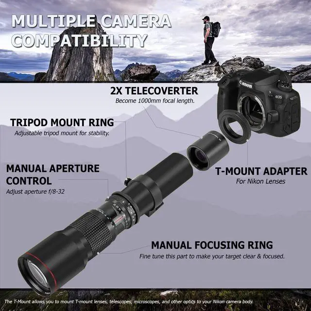 Alt view image 6 of 6 - Bower 500mm/1000mm f/8 Manual Super Telephoto Lens for Nikon D7500 D5600