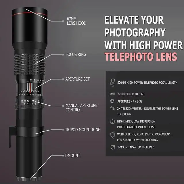 Alt view image 2 of 7 - Bower 500mm/1000mm f/8 Manual Super Telephoto Lens for Canon EOS R100 R10 R50 R6 R7 EOS R RP