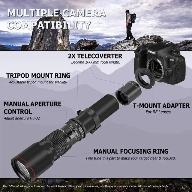 Alt view image 7 of 7 - Bower 500mm/1000mm f/8 Manual Super Telephoto Lens for Canon EOS R100 R10 R50 R6 R7 EOS R RP