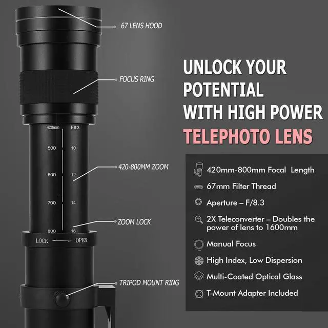 Alt view image 7 of 7 - Vivitar 420-1600mm f/8.3 HD Manual Super Telephoto Zoom Lens for Canon EOS Rebel T7 T8i 5D IV 6D II 90D T100 SL3