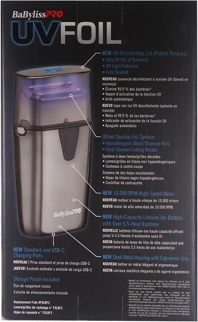 Alt view image 5 of 10 - BaByliss Pro UVFOIL UV-Disinfecting Metal Double Foil Shaver #FXLFS2 (Black)