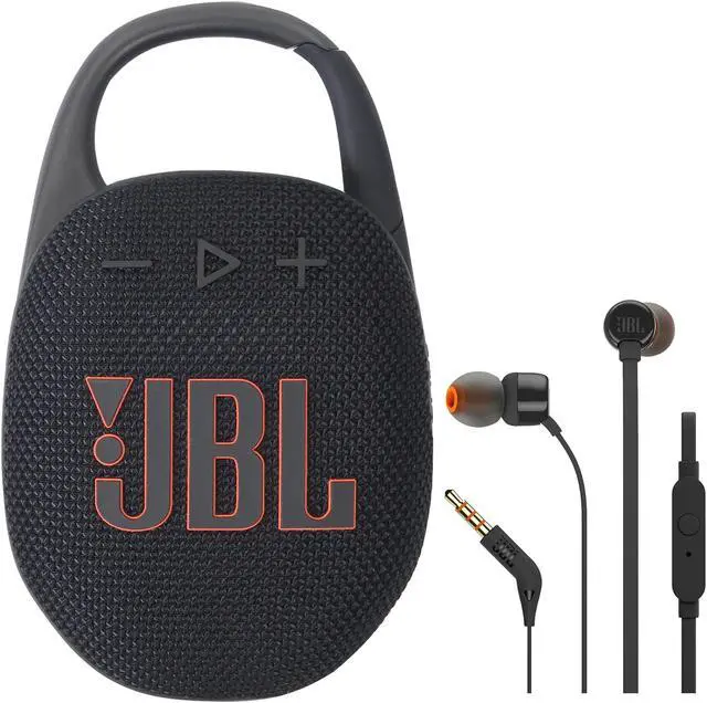 Main image of JBL Clip 5 Portable Waterproof Dustproof Wireless Speaker (Black) with JBL T110 In Ear Headphones Black
