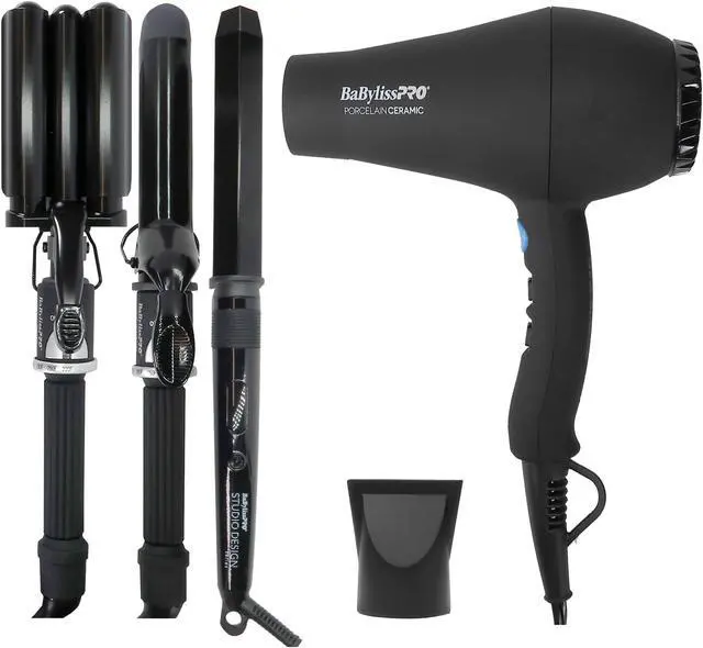 Main image of BaByliss Pro Porcelain Ceramic Gift Box (Dryer, Waver, Curling Iron) Black #BPPP7 and BaByliss Pro Studio Design Series 1.25 Inch Crimpcurl #BCI005UC
