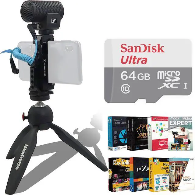 Main image of Sennheiser Pro MKE 200 Mobile Kit Microphone, Smartphone Clamp, Manfrotto Tabletop Tripod with 64GB microSDXC Card and Photo & Video Editing Suite