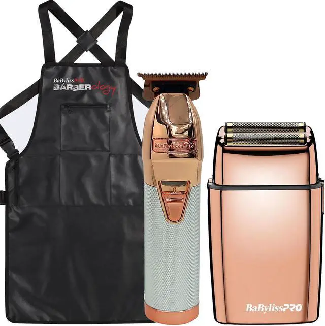 Main image of BaByliss Pro ROSEFX+ Professional Cord/Cordless Lithium Outlining Trimmer Rose Gold FX787NRG with Cordless Double Foil Shaver FXFS2RG Rose Gold and Barber Apron