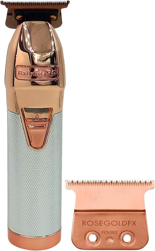 Main image of BaByliss Pro ROSEFX+ Cord/Cordless All-Metal Lithium Outlining Trimmer Rose Gold #FX787NRG with FX707RG2 Replacement Deep Tooth T-Blade 2.0MM Rose Gold