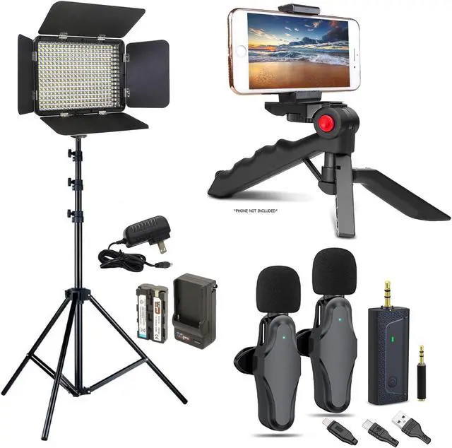 Main image of Vidpro Smartphone Essentials for YouTubers Podcasters with 2-Person Wireless Mic Set, LED Light Panel, Phone Holder + More