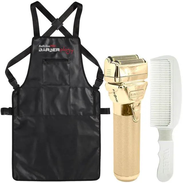 Main image of BaByliss Pro FXONE GOLDFX All-Metal Interchangeable-Battery Shaver Gold #FX79FSG with Babyliss Pro Industrial Barber Apron and Wahl Flat Top Comb White