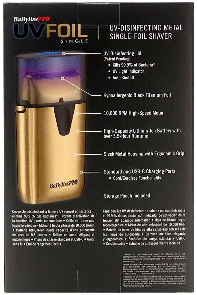 Alt view image 6 of 7 - BaByliss Pro UVFOIL UV-Disinfecting Metal Single Foil Shaver - Gold #FXLFS1G