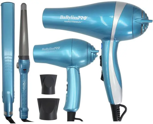 Main image of BaByliss Pro Nano Titanium Lightweight Ionic Dryer & Folding Travel Dryer BNTPP70 with Dual Ionic Flat Iron 1¼" BNT9125TUC and Conicurl Iron 1¼ - ¾" BNT125TB