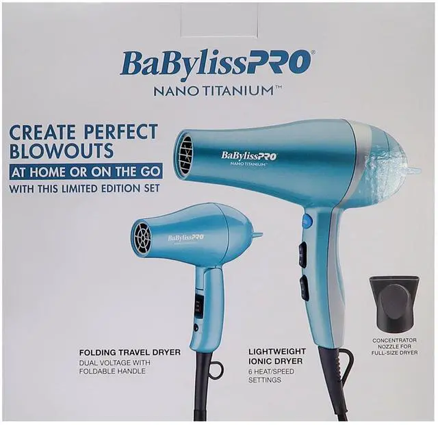 Alt view image 7 of 7 - BaByliss Pro Nano Titanium Lightweight Ionic Dryer & Folding Travel Dryer BNTPP70 with Dual Ionic Flat Iron 1¼" BNT9125TUC and Conicurl Iron 1¼ - ¾" BNT125TB