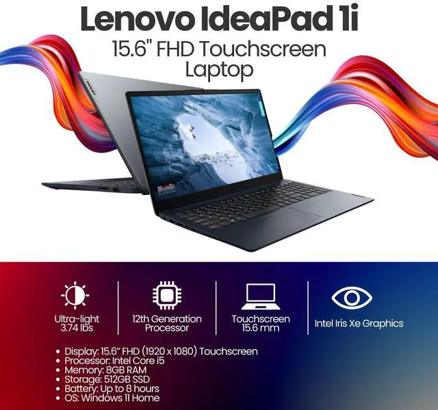 Alt view image 2 of 7 - Lenovo IdeaPad 1 15.6" FHD Touchscreen Laptop - Intel Core i5 - 8GB Memory with 512GB SSD Storage (Abyss Blue) + Bag