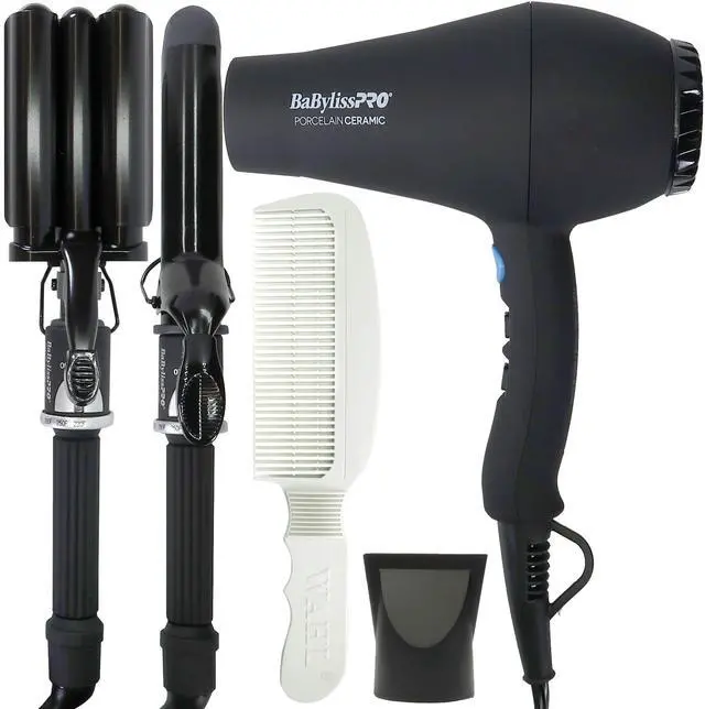 Main image of BaByliss Pro Porcelain Ceramic Gift Box (Dryer, Waver, Curling Iron) Black #BPPP7 with Wahl Flat Top Comb White