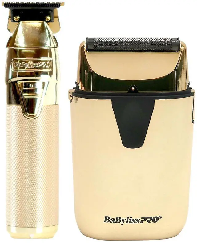 Main image of BaByliss Pro UVFOIL UV-Disinfecting Metal Single Foil Shaver - Gold #FXLFS1G with BaByliss Pro FXONE GOLDFX All-Metal Interchangeable-Battery Trimmer #FX799G