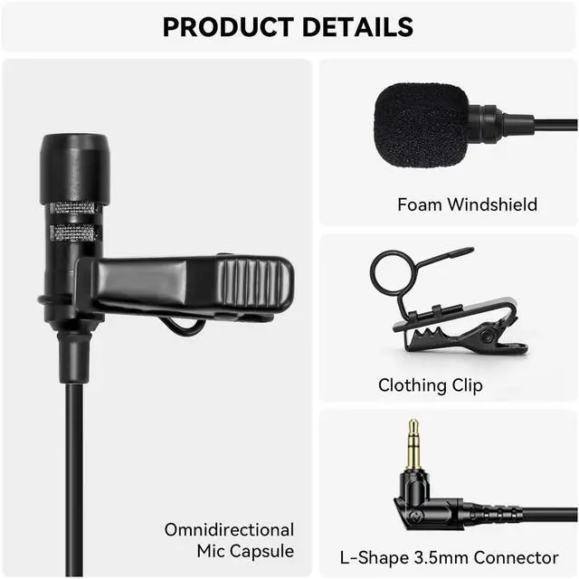 Alt view image 8 of 12 - Hollyland Omnidirectional Lavalier Microphone for LARK MAX Mic System (Black)